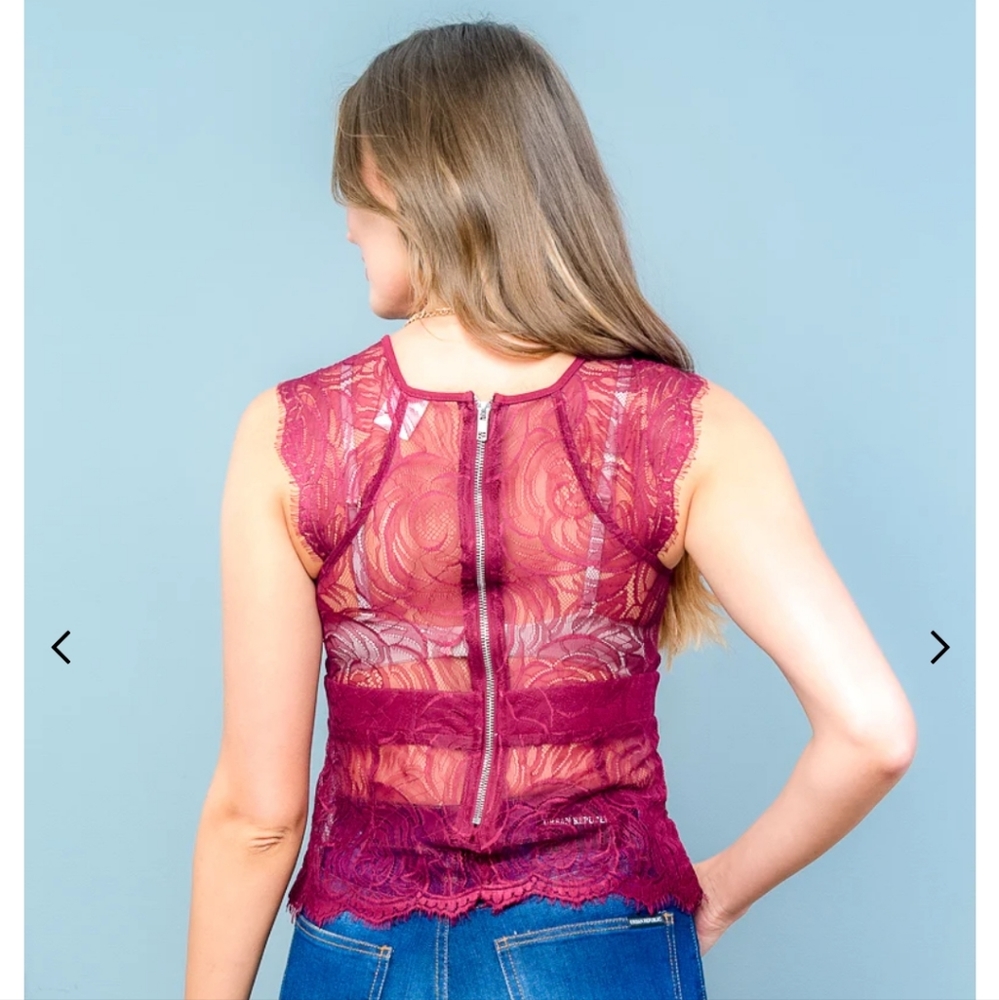 Halter Neck Lace Top With Metal Back Zip In Burgundy & Black - Picture 2 of 6
